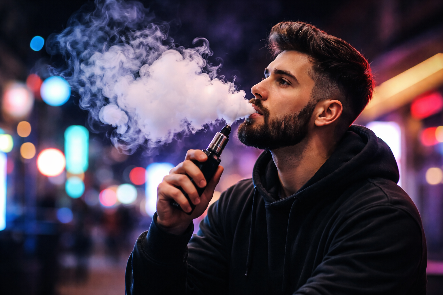 Young bearded man vaping outdoors at night, exhaling large vapor cloud under colorful city lights
