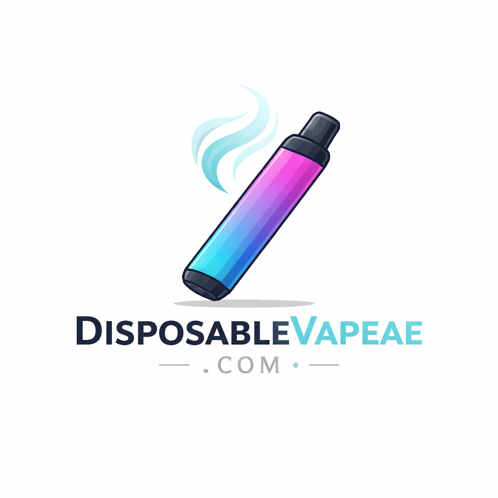 Colorful disposable vape pen logo with pink-blue gradient design and vapor wisps above DisposableVape.com text