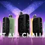 Collection of colorful vape devices arranged dramatically with purple lighting and "Accept All Challenges" text overlay.