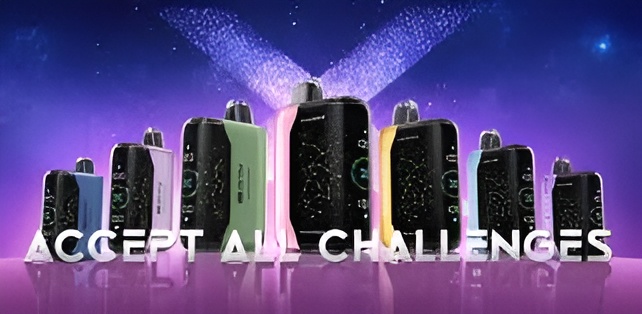 Collection of colorful vape devices arranged dramatically with purple lighting and "Accept All Challenges" text overlay.